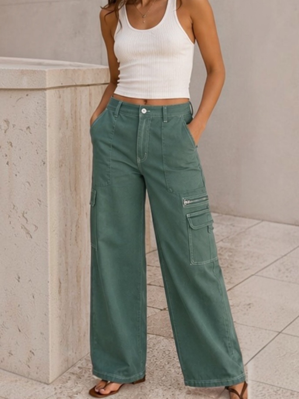 Rachel Paige High Rise Wide Leg Cargo Pants Green Cotton Stretch Sz S